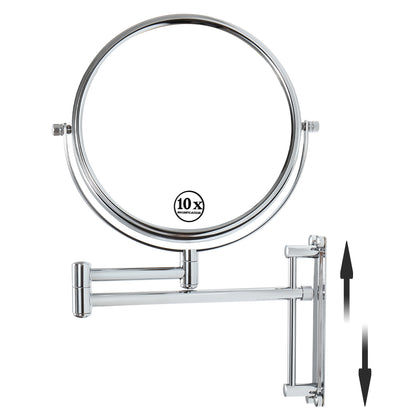 8-inch Wall Mounted Makeup Vanity Mirror, Height Adjustable, 1X / 10X Magnification Mirror, 360° Swivel with Extension Arm (Chrome Finish)