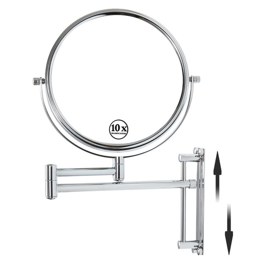 8-inch Wall Mounted Makeup Vanity Mirror, Height Adjustable, 1X / 10X Magnification Mirror, 360° Swivel with Extension Arm (Chrome Finish)