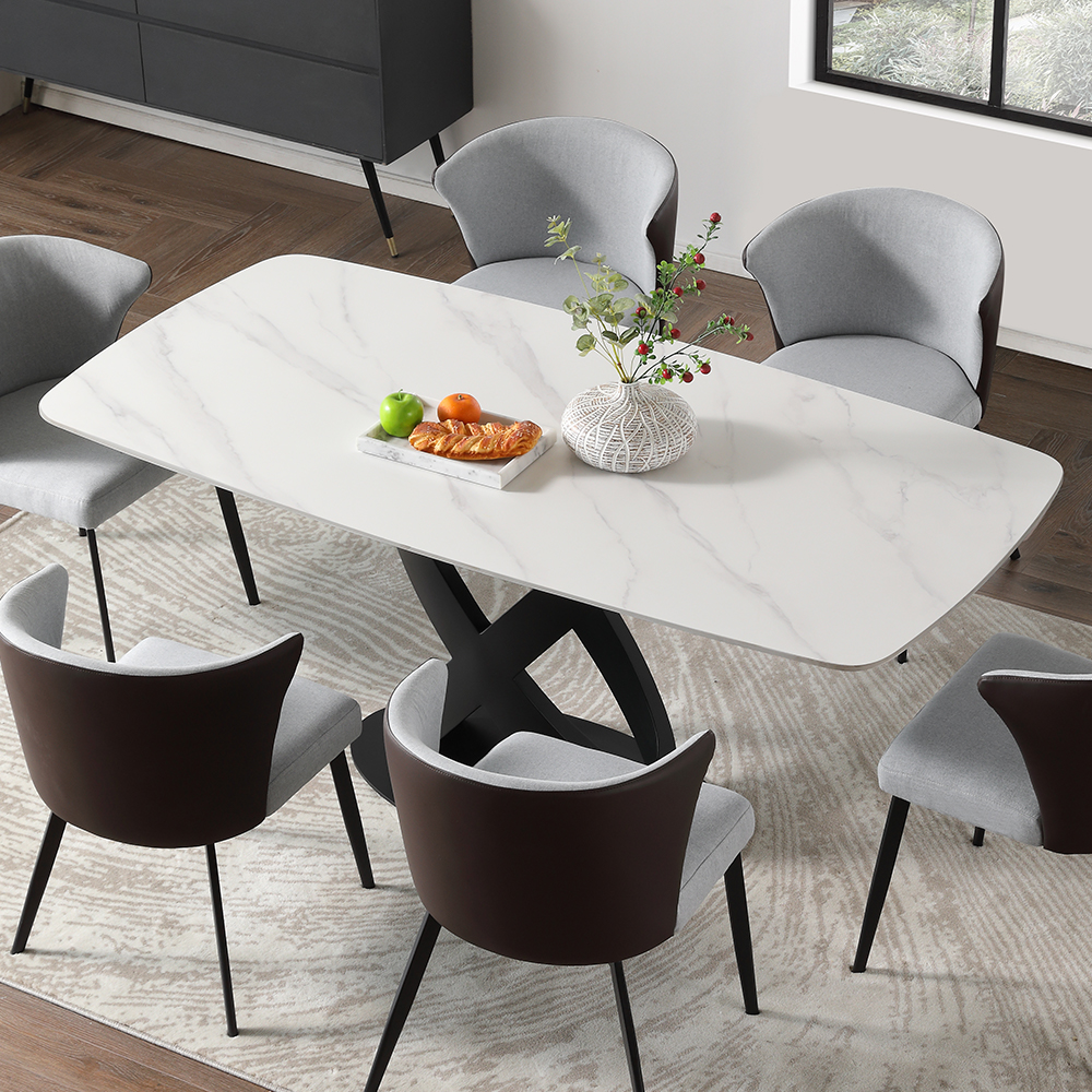 55"Modern White Dining Table for 4, Sintered Stone Tabletop Kitchen Table, Solid Black Carbon Steel Base