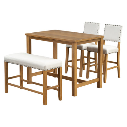 TOPMAX 4 Piece Rustic Wooden Counter Height Dining Table Set with Upholstered Bench for Small Places, Natural+Beige