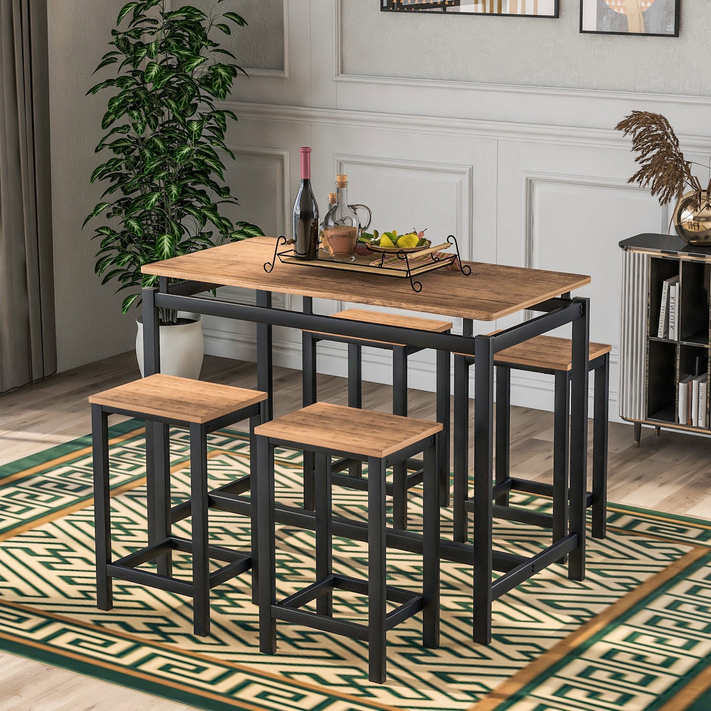 TREXM 5-Piece Kitchen Counter Height Table Set, Industrial Dining Table with 4 Chairs (Brown)