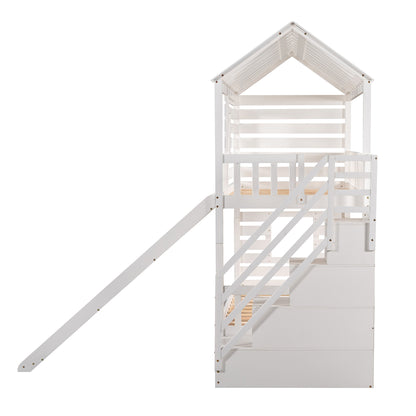 Twin over Twin House Bunk Bed with Trundle and Slide, Storage Staircase,Roof and Window Design, White