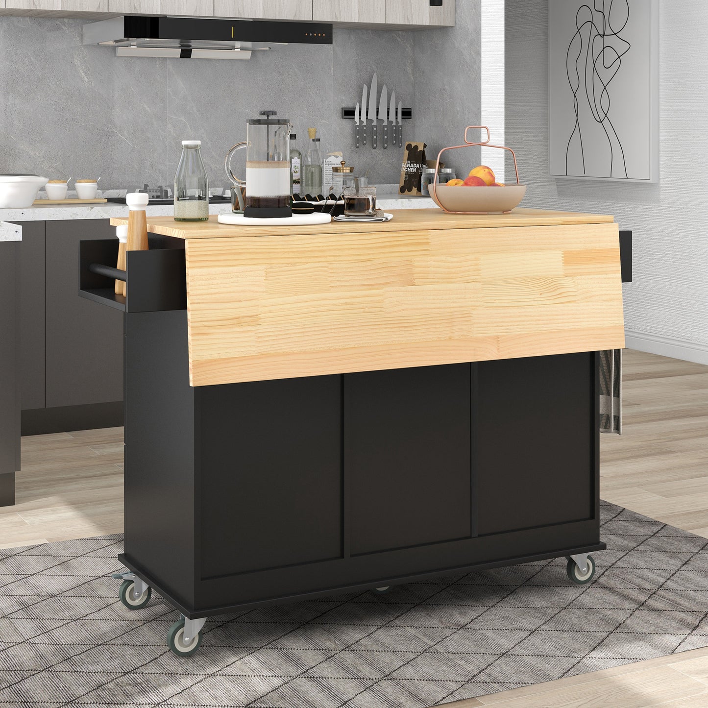 Rolling Mobile Kitchen Island with Solid Wood Top and Locking Wheels，52.7 Inch Width，Storage Cabinet and Drop Leaf Breakfast Bar，Spice Rack, Towel Rack & Drawer （Black）