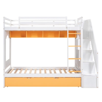 Twin Over Twin Bunk Bed with Trundle ,Stairs,Ladders Solid Wood Bunk bed with Storage Cabinet （White + Yellow）