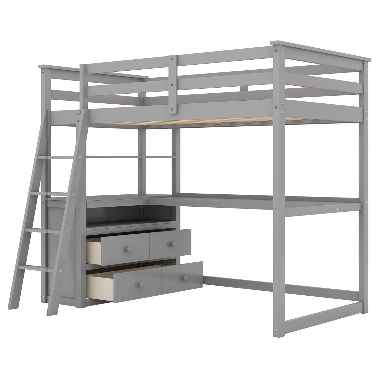 Twin Size Loft Bed with Desk and Shelves,Two Built-in Drawers,Gray(OLD SKU:GX000803AAE)