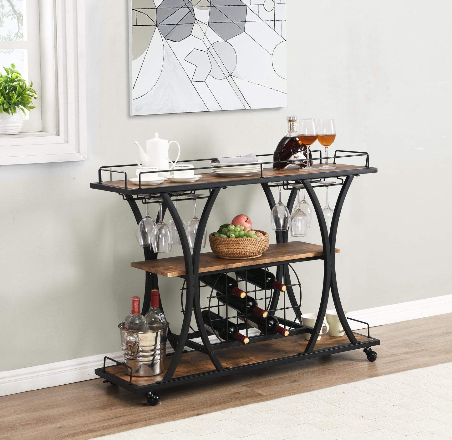 Industrial Bar Cart Kitchen Bar&Serving Cart for Home with Wheels 3 -Tier Storage Shelves