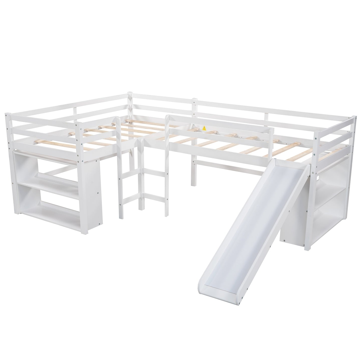 Twin Size L-Shaped Loft Bed with Movable Two-Tier Shelves and Slide,White