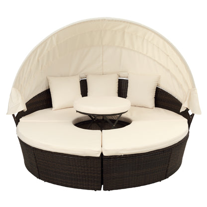 TOPMAX Patio Furniture Round Outdoor Sectional Sofa Set Rattan Daybed Sunbed with Retractable Canopy, Separate Seating and Removable Cushion (Beige)