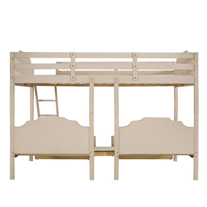 Full Over Twin & Twin Bunk Bed, Velvet Triple Bunk Bed with Drawers and Guardrails, Beige