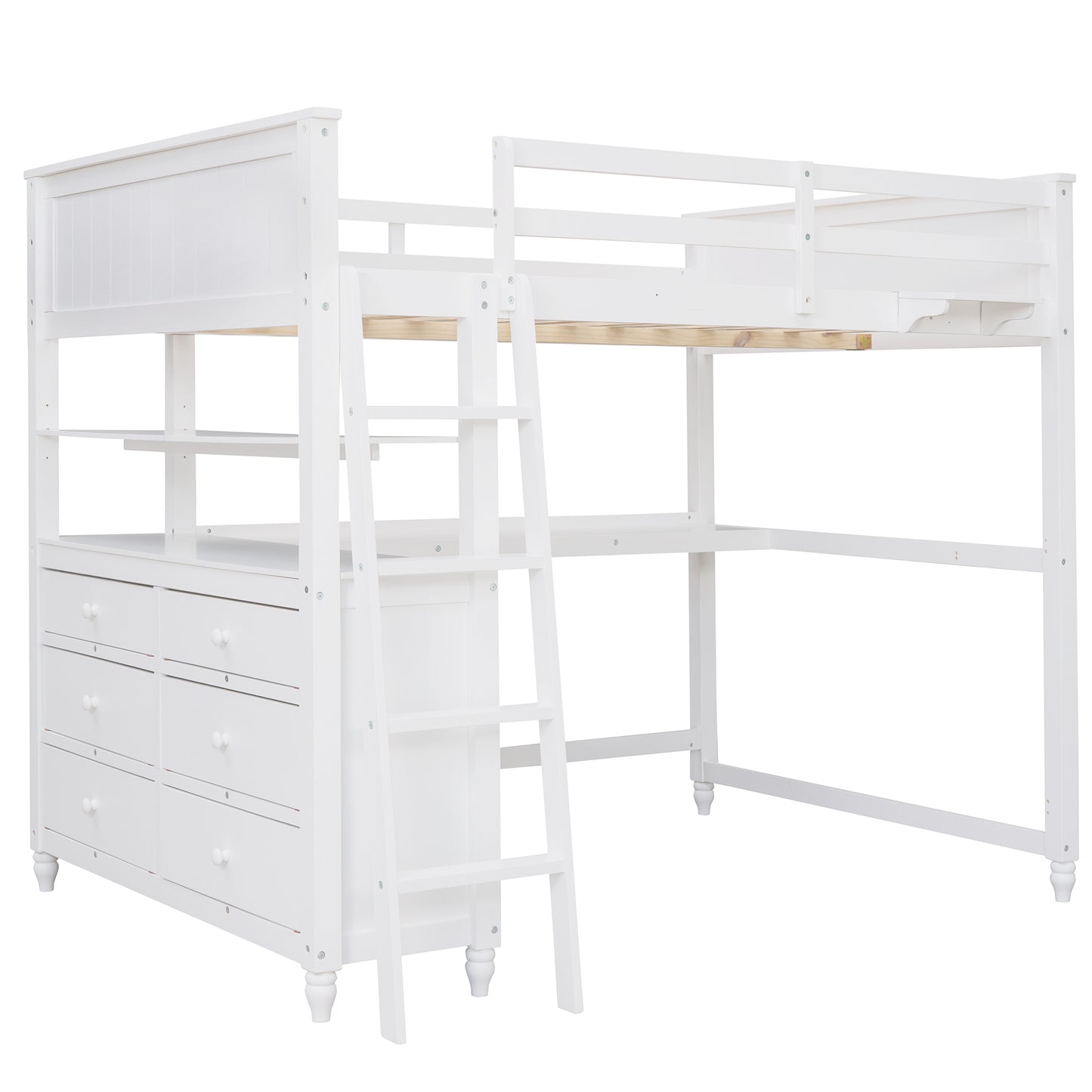 Full size Loft Bed with Drawers and Desk, Wooden Loft Bed with Shelves - White(OLD SKU:LT000529AAK)