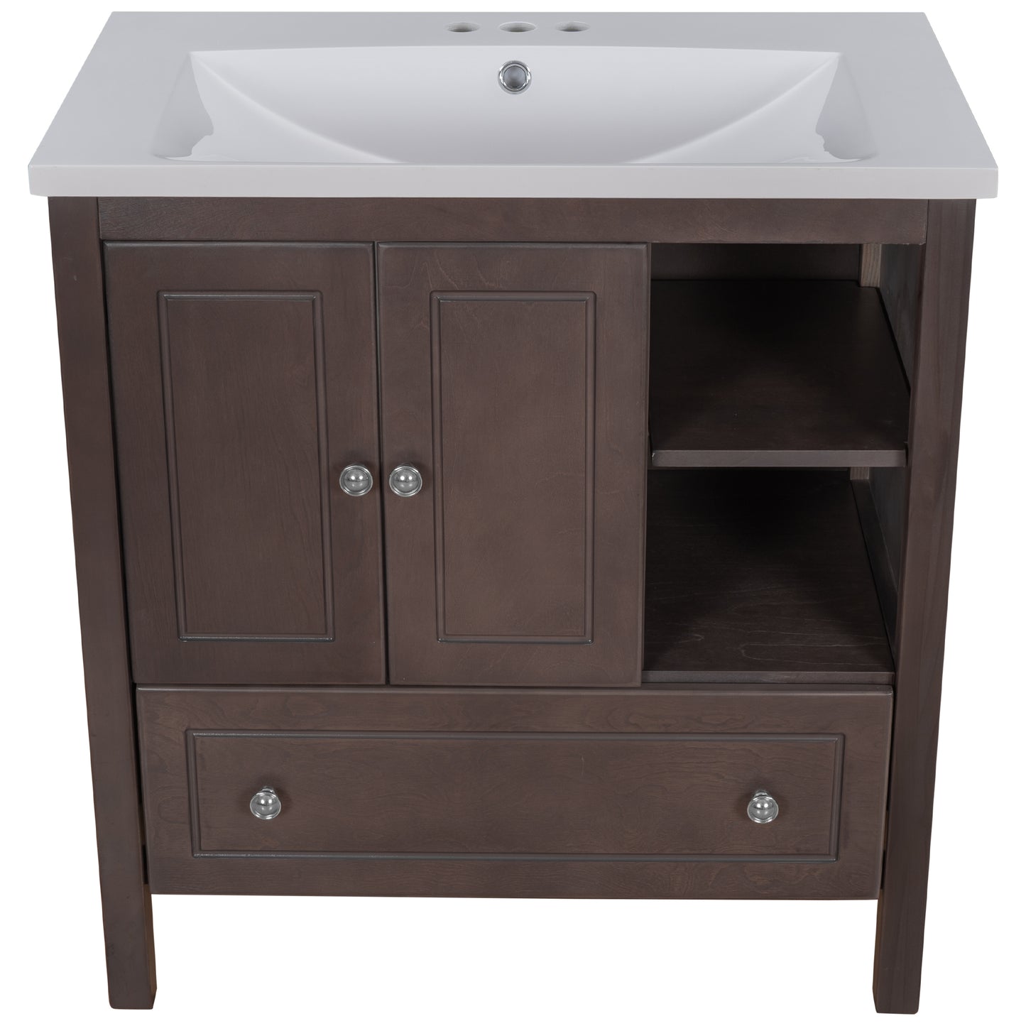 [VIDEO] 30" Bathroom Vanity with Sink, Bathroom Storage Cabinet with Doors and Drawers, Solid Wood Frame, Ceramic Sink, Brown