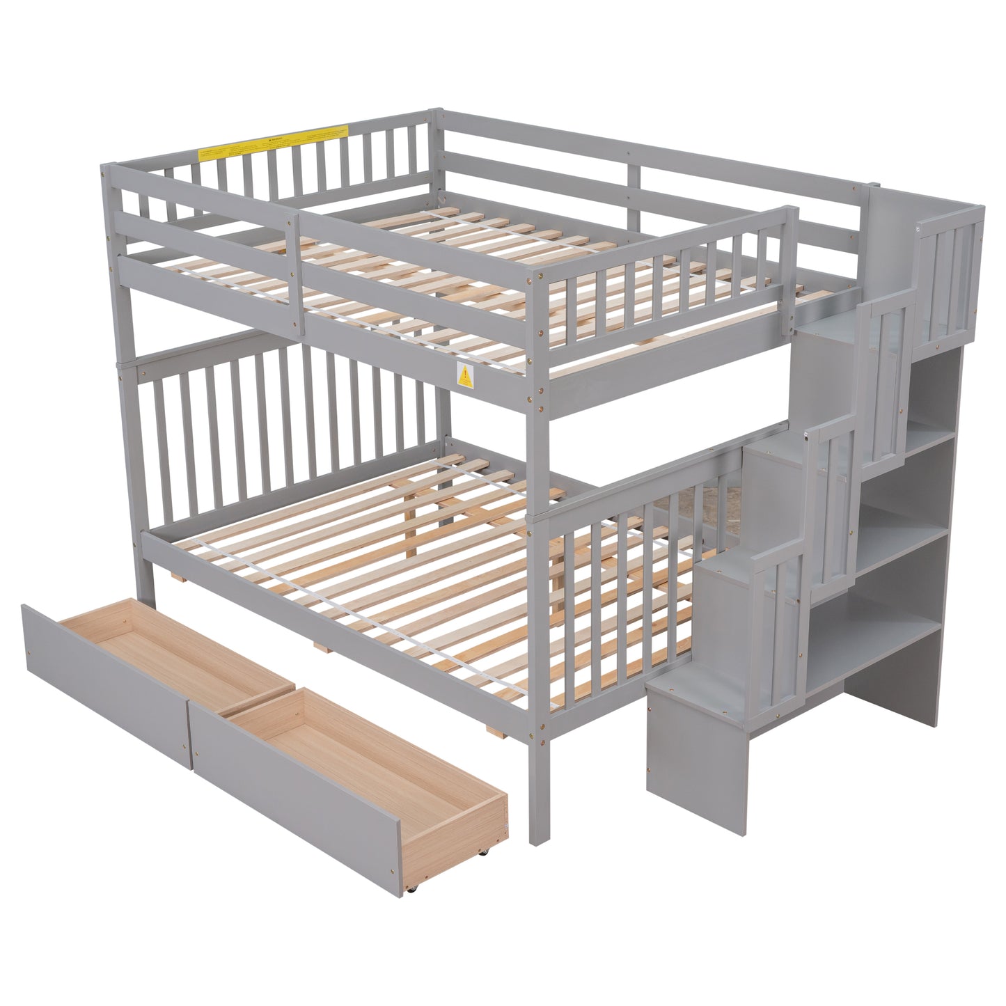 Full Over Full Bunk Bed with 2 Drawers and Staircases, Convertible into 2 Beds, the Bunk Bed with Staircase and Safety Rails for Kids, Teens, Adults, Grey