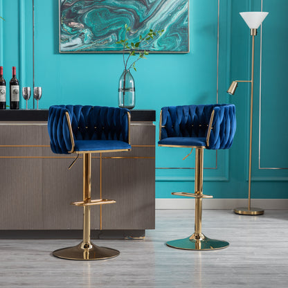 Set of 2  Bar Stools,with Chrome Footrest and Base Swivel Height Adjustable Mechanical Lifting Velvet + Golden Leg Simple Bar Stool-Navy