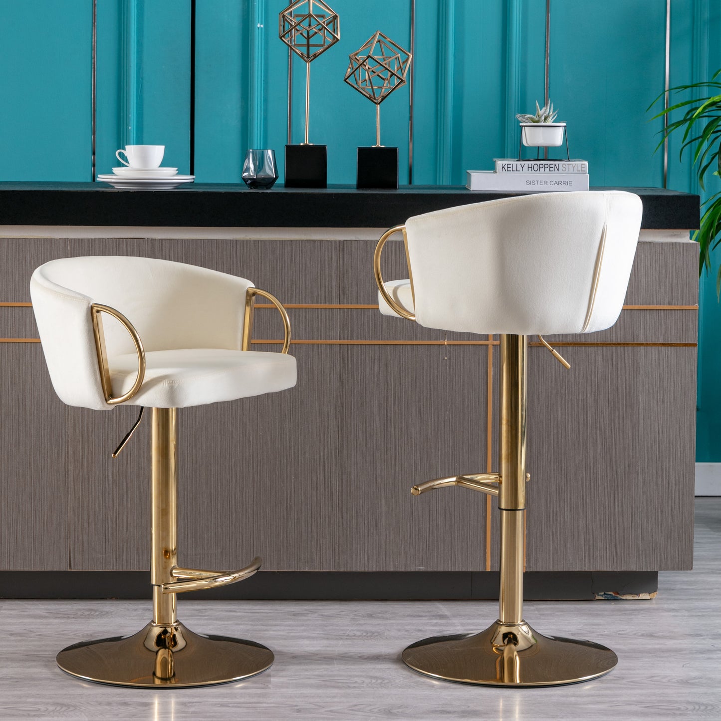 Set of 2  Bar Stools,with Chrome Footrest and Base Swivel Height Adjustable Mechanical Lifting Velvet + Golden Leg Simple Bar Stool-Ivory