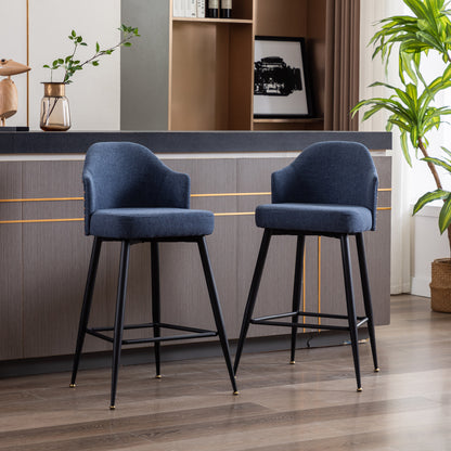 Set of 2 Counter Bar Stools, Fabric Upholstered Bar Stool with Nailhead Trim Back, Metal Legs in Matte Black, 25.59" H Seat Height