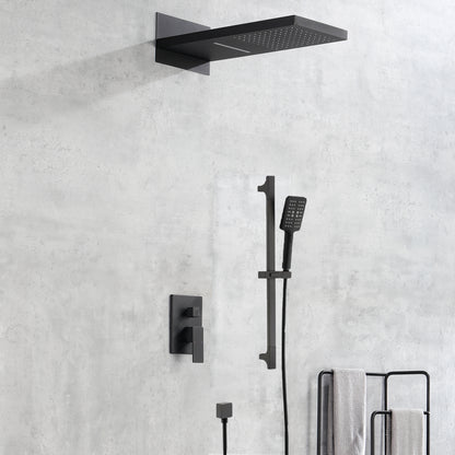 Shower System Square Bathroom Luxury Rain Mixer Shower Combo Set Pressure Balanced Shower System with Shower Head, Hand Shower, Slide Bar, Shower Arm, Hose, and Valve Trim