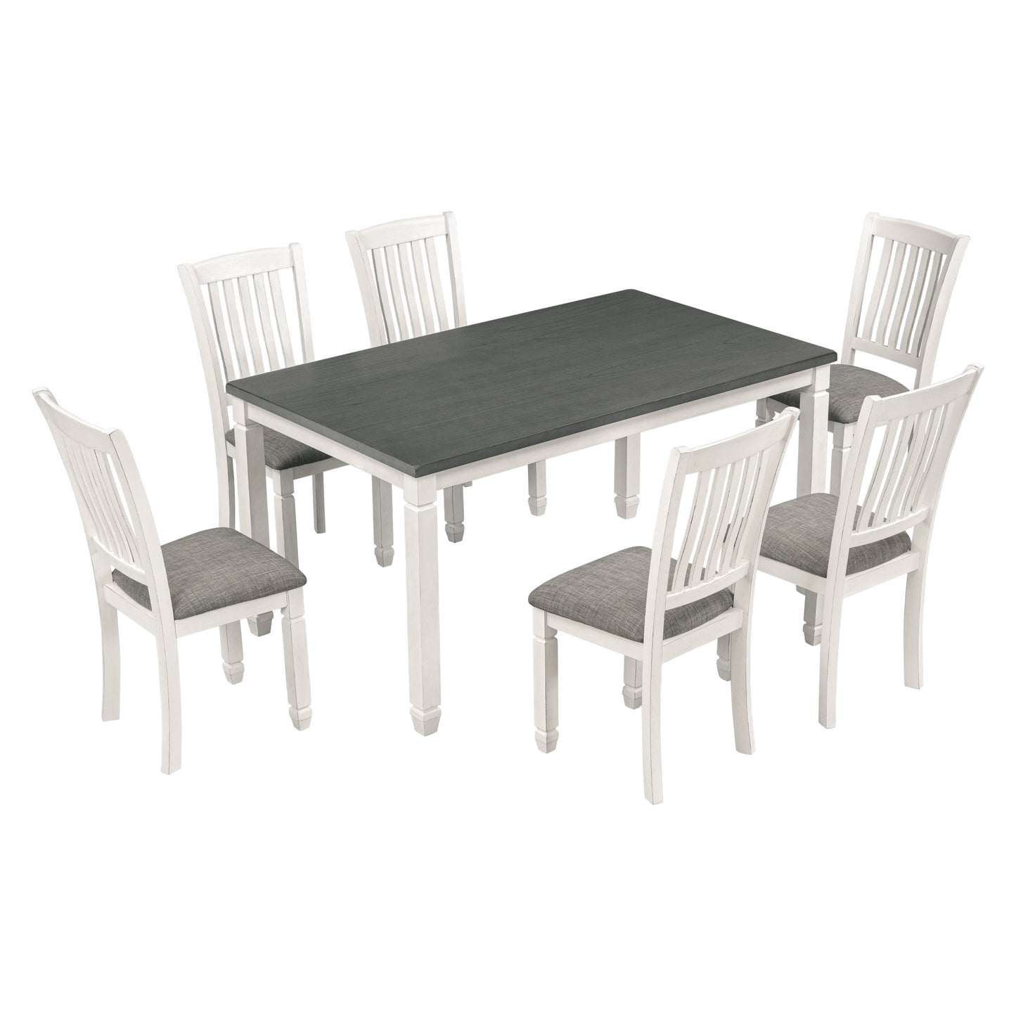 TREXM 7-Piece Dining Table Set Wood Dining Table and 6 Upholstered Chairs with Shaped Legs for Dining Room/Living Room Furniture (Gray+White)