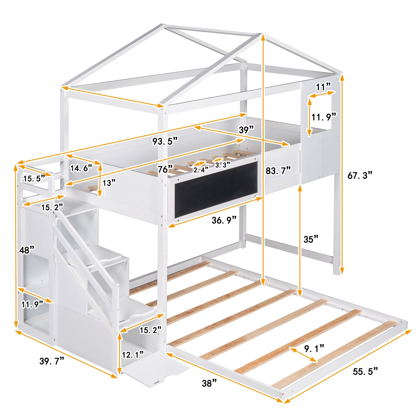 Twin over Full House Bunk Bed with Storage Staircase and Blackboard,White