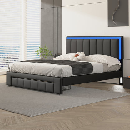 Upholstered Platform Bed with LED Lights and Two Motion Activated Night Lights,Queen Size Storage Bed with Drawer, Black