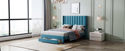 Full Size Storage Bed Velvet Upholstered Platform Bed with a Big Drawer - Blue