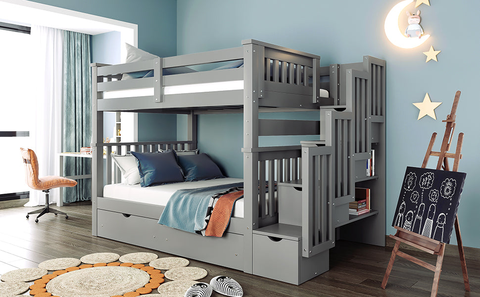 Full Over Full Bunk Bed with Shelves and 6 Storage Drawers, Gray(Old SKU：LP000046AAE)