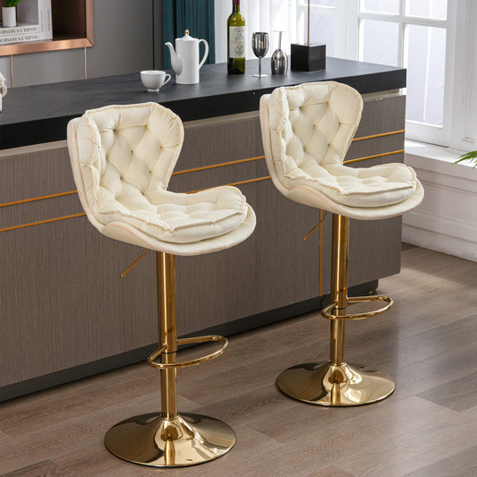 Set of 2  Bar Stools,with Chrome Footrest and Base Swivel Height Adjustable Mechanical Lifting Velvet + Golden Leg Simple Bar Stool-cream