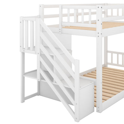 Twin over Twin Floor Bunk Bed, Ladder with Storage, White