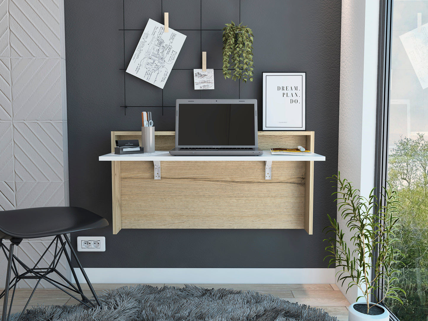 Collier Rectangle Floating Desk Light Oak and White