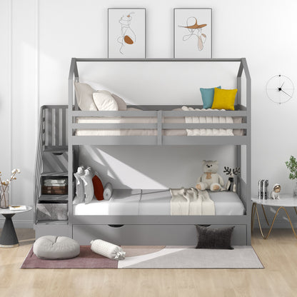 Multifunctional Twin over Twin House Bunk Bed with Staircase and Storage Space,Gray