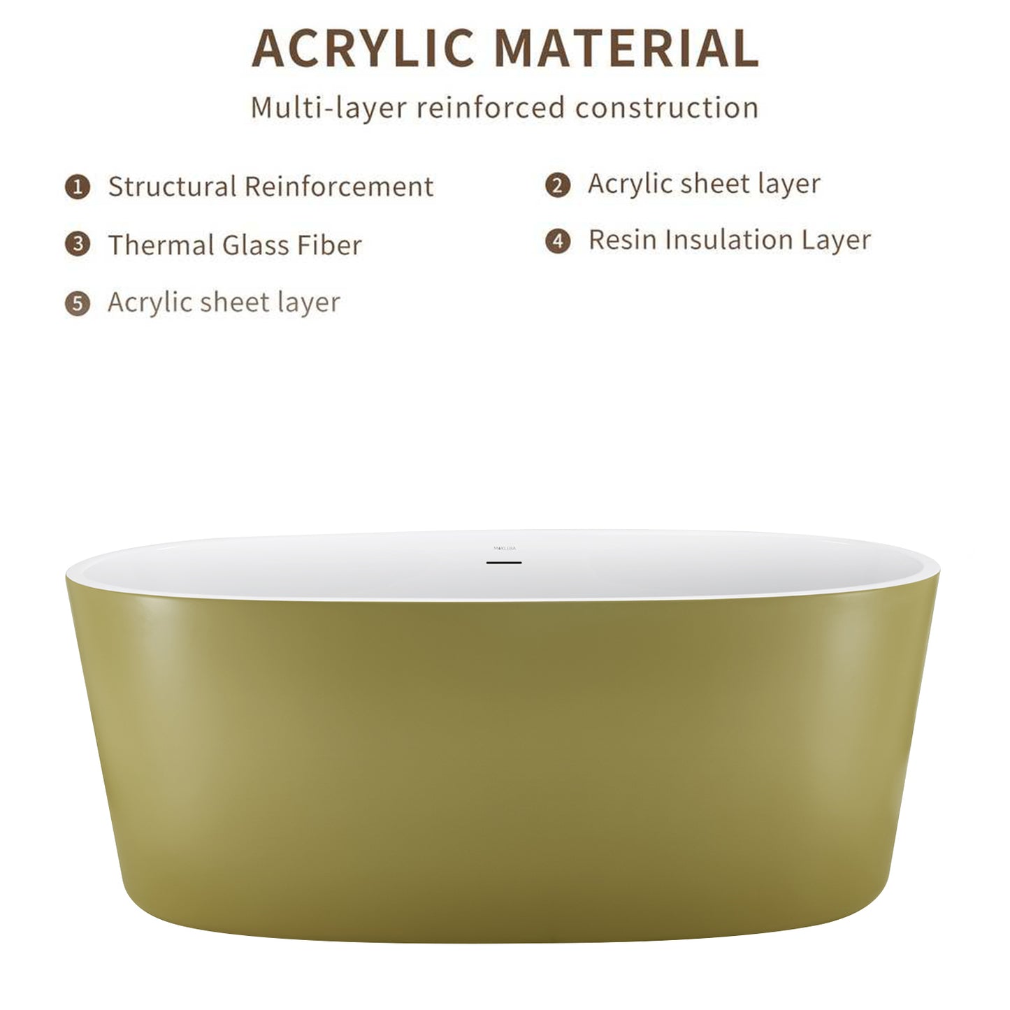 63" 100% Acrylic Freestanding Bathtub，Contemporary Soaking Tub，White inside and gold outside