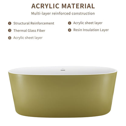 59" 100% Acrylic Freestanding Bathtub，Contemporary Soaking Tub，White inside and gold outside