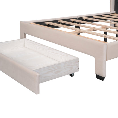 Full Size Storage Bed Velvet Upholstered Platform Bed with a Big Drawer - Beige