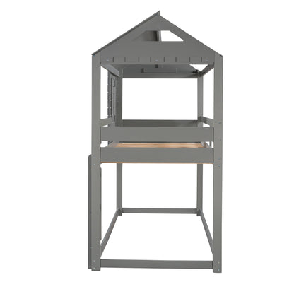 Twin Over Twin Bunk Bed Wood Loft Bed with Roof, Window, Guardrail, Ladder (Gray) (OLD SKU :LP000062AAE)