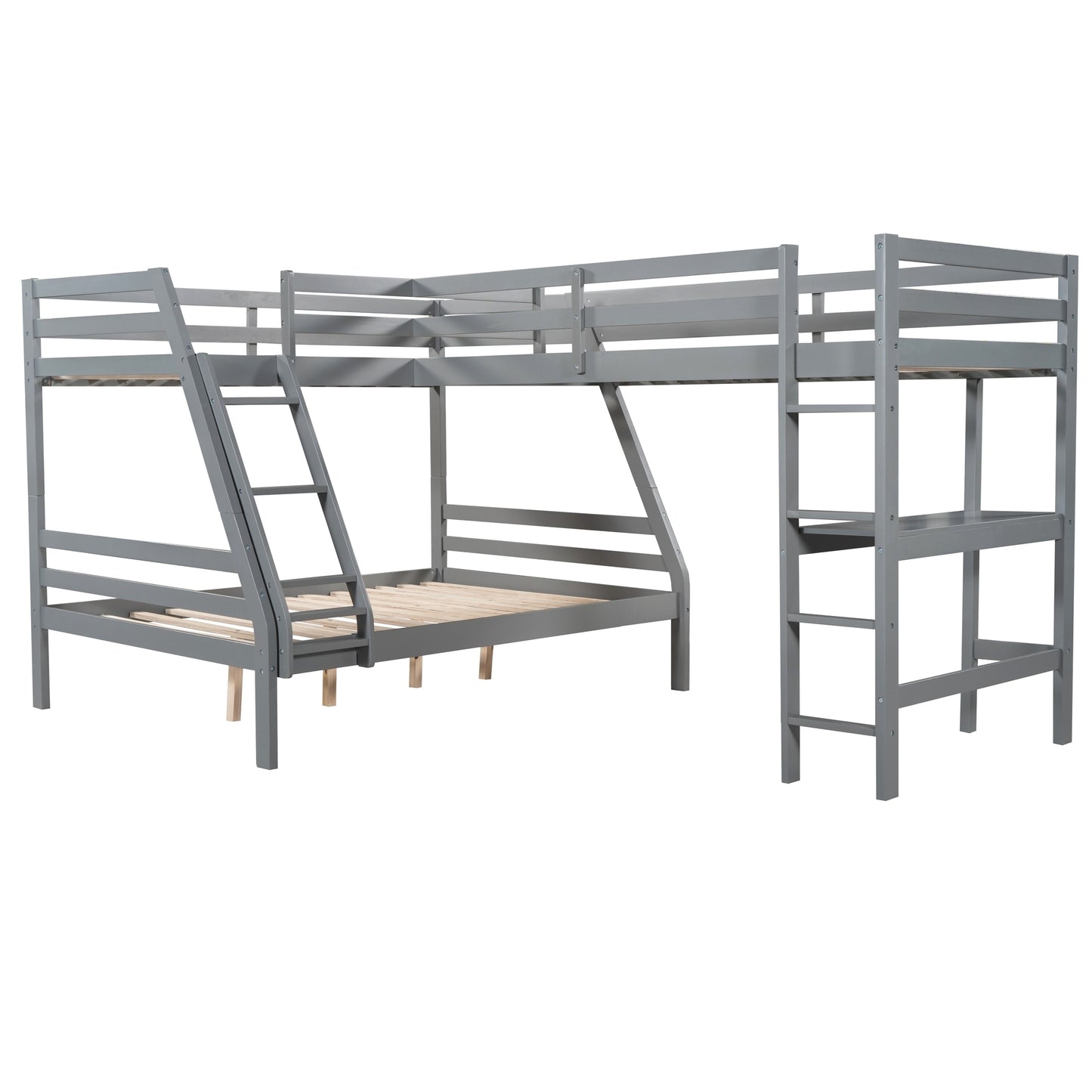 L-Shaped Twin over Full Bunk Bed and Twin Size Loft Bed with Built-in Desk,Gray