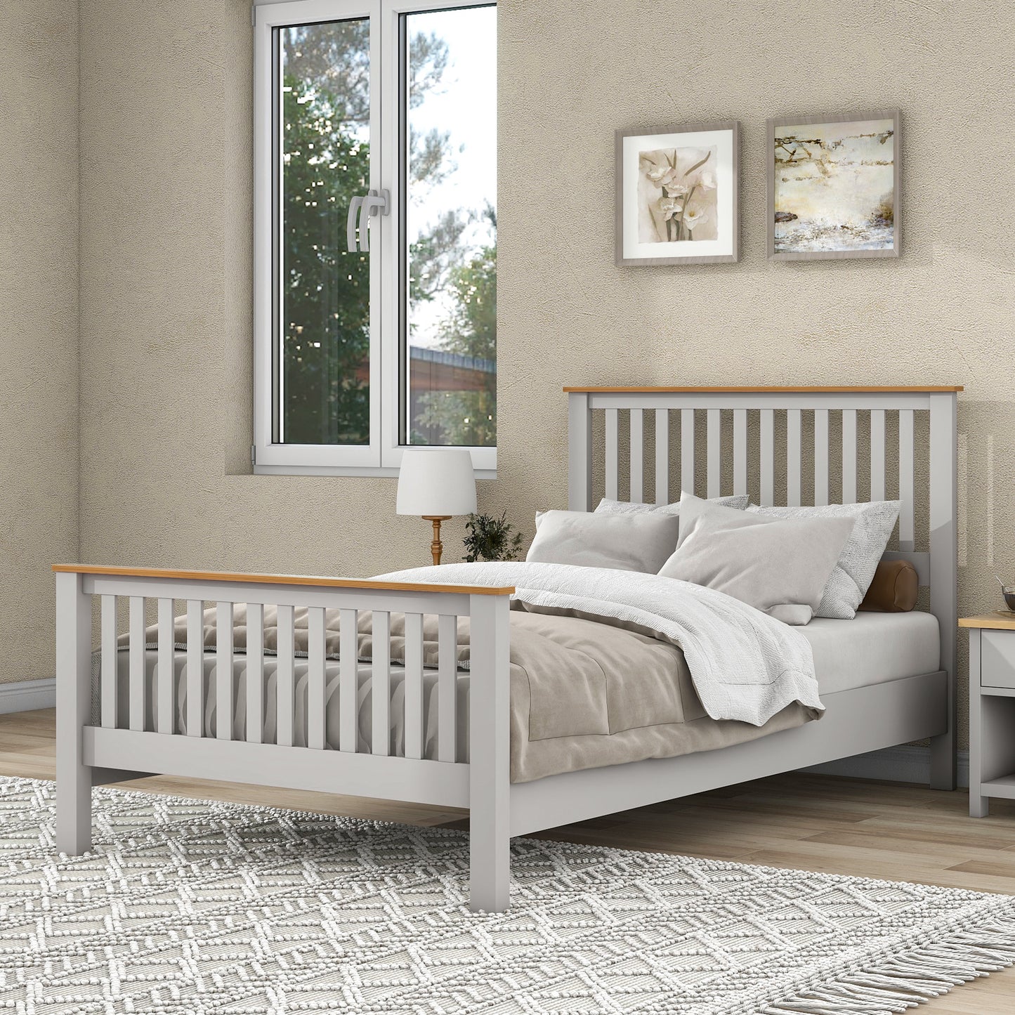 Country Gray Solid Platform Bed with Oak Top, Full