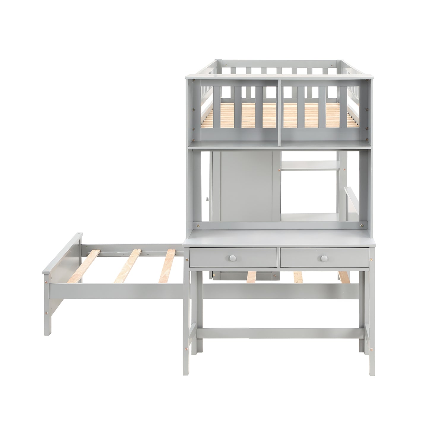 Twin Size Loft Bed with Closet and Desk, Extra Bottom Twin Bed, Grey