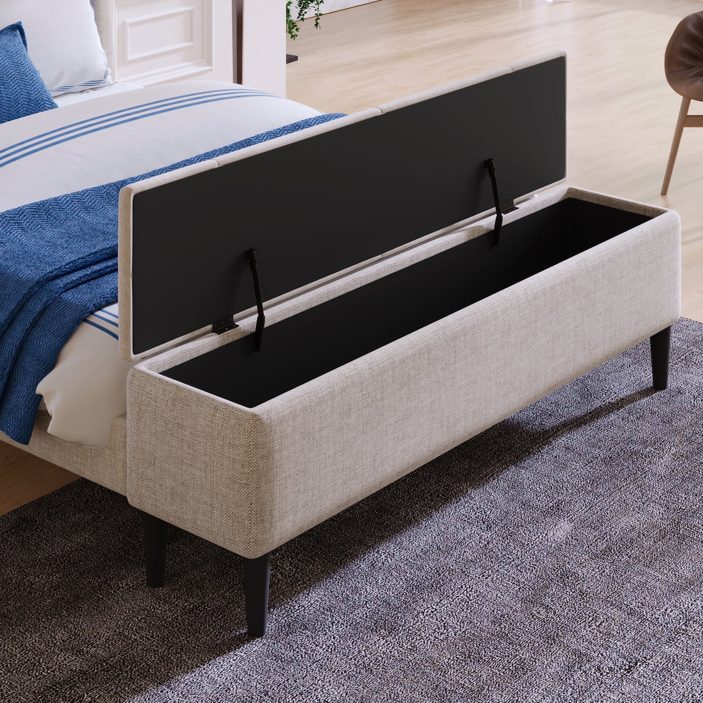 Upholstered Storage Bed Frame with Storage Ottoman Bench, No Box Spring Needed, Queen, Beige