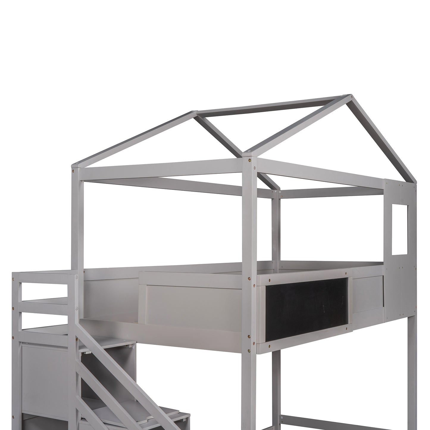 Twin over Full House Bunk Bed with Storage Staircase and Blackboard,Grey