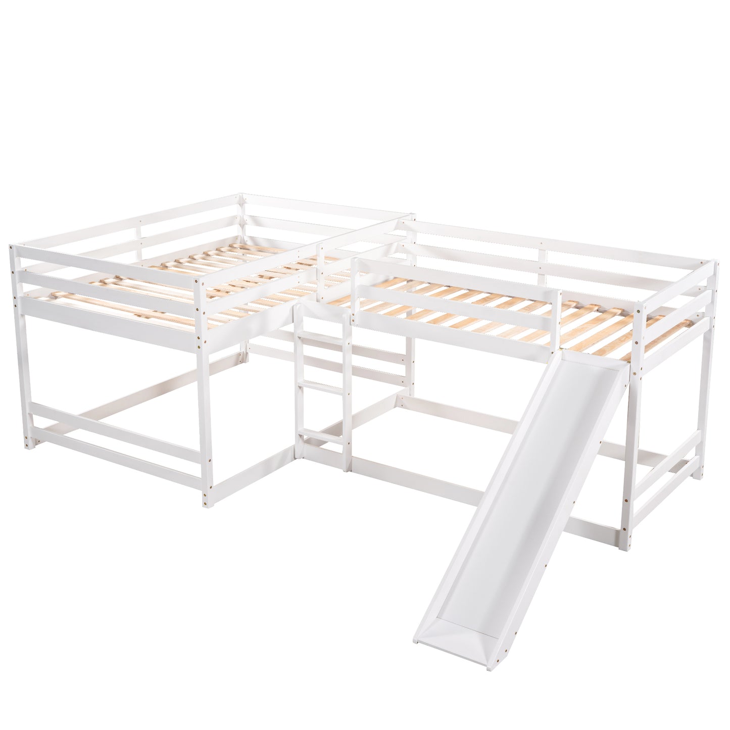 Full and Twin Size L-Shaped Bunk Bed with Slide and Short Ladder,White