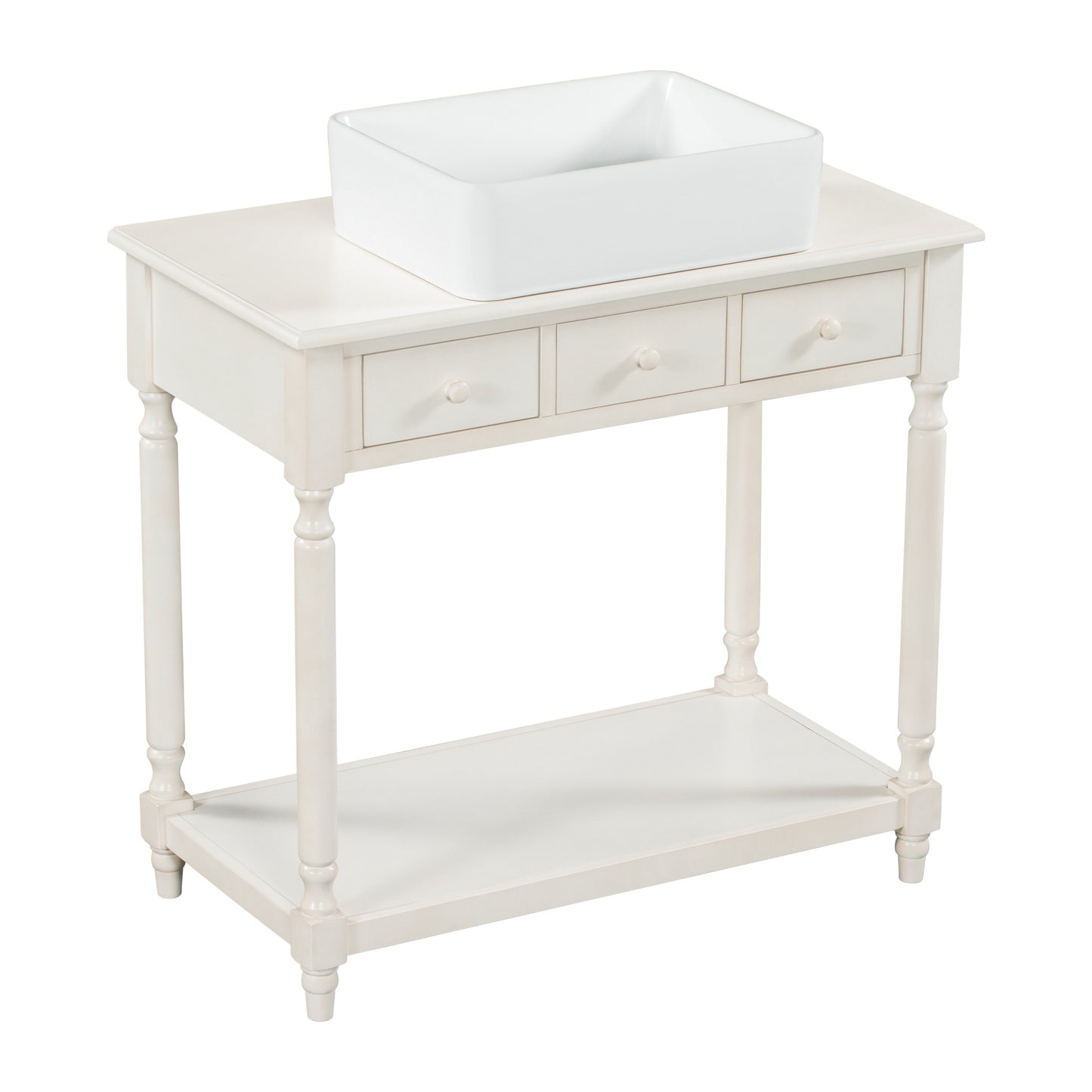 36" Bathroom Vanity Base without Sink, Open Storage Shelf, Two Drawers, Pre-Drilled Holes, Roman Style, Antique White