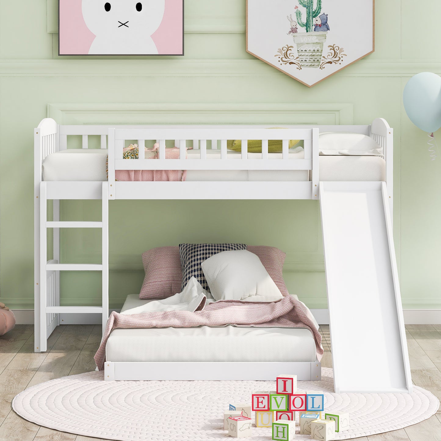 Twin Over Twin Bunk Bed with Slide and Ladder, White(OLD SKU :LP000514AAK)