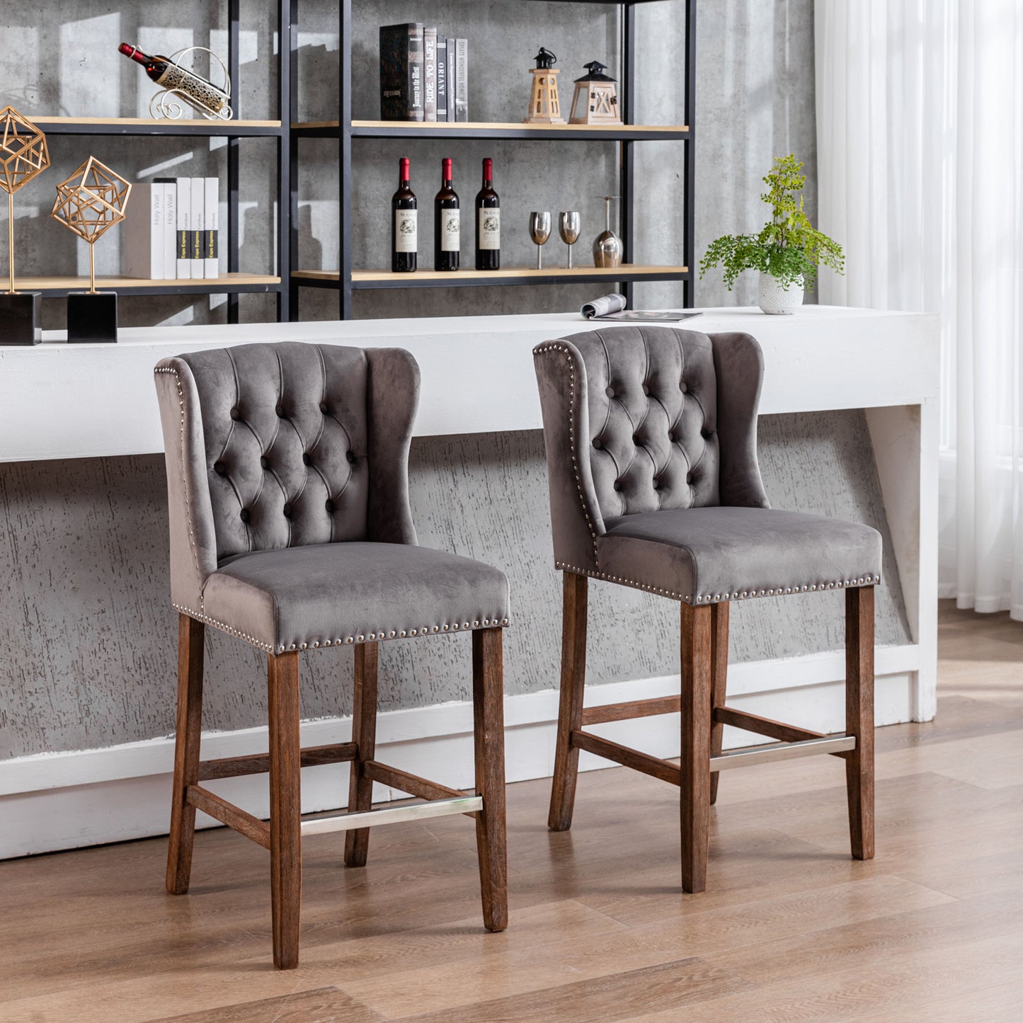 A&A Furniture,Counter Height Bar Stools, Upholstered 27" Seat Height Barstools, Wingback Breakfast Chairs with Nailhead-Trim & Tufted Back, Wood Legs, Set of 2(Grey)