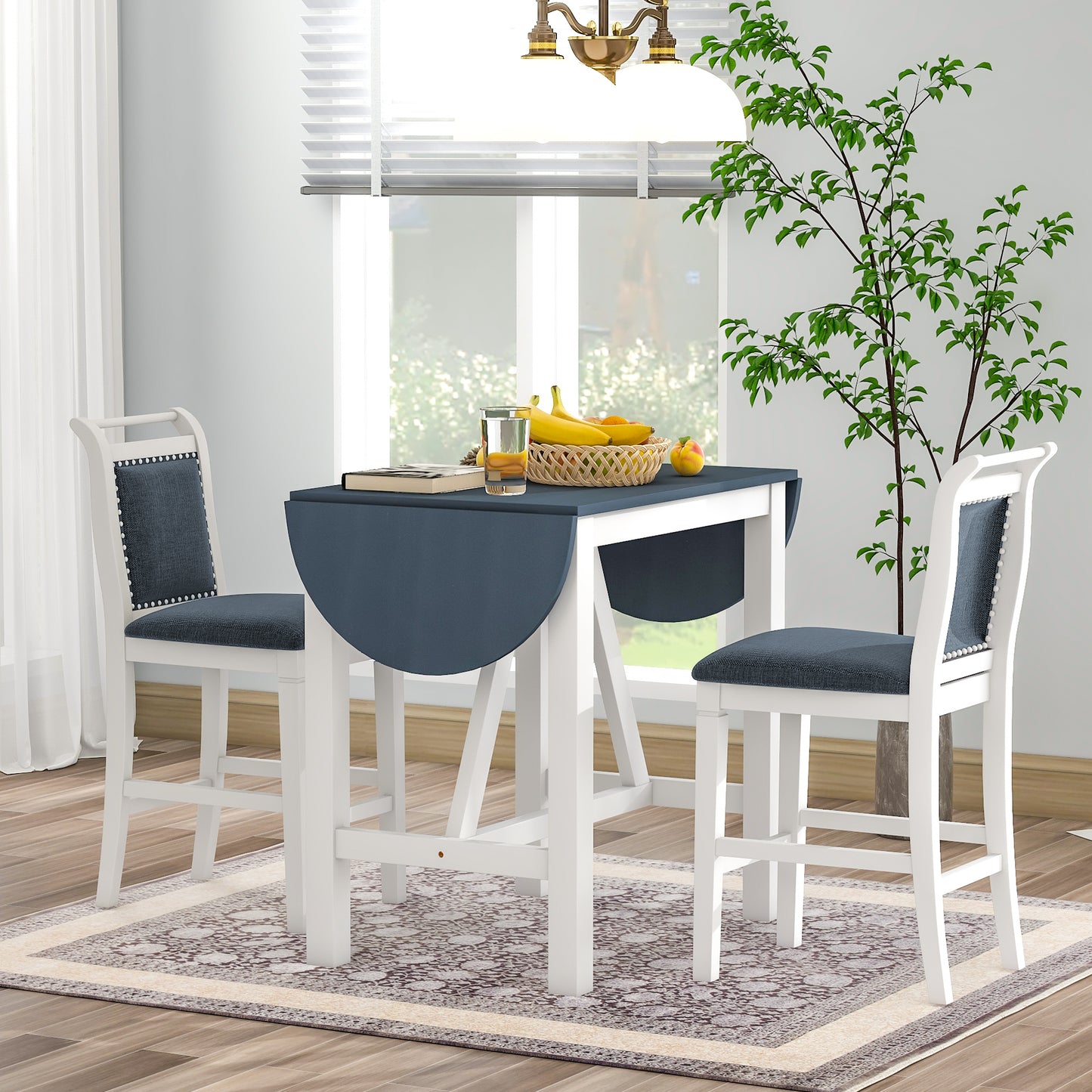 TOPMAX 3-Piece Wood Counter Height Drop Leaf  Dining Table Set with 2 Upholstered Dining Chairs for Small Place, White