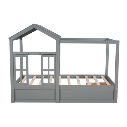 Twin Size House Bed with Roof, Window and Drawer - Gray