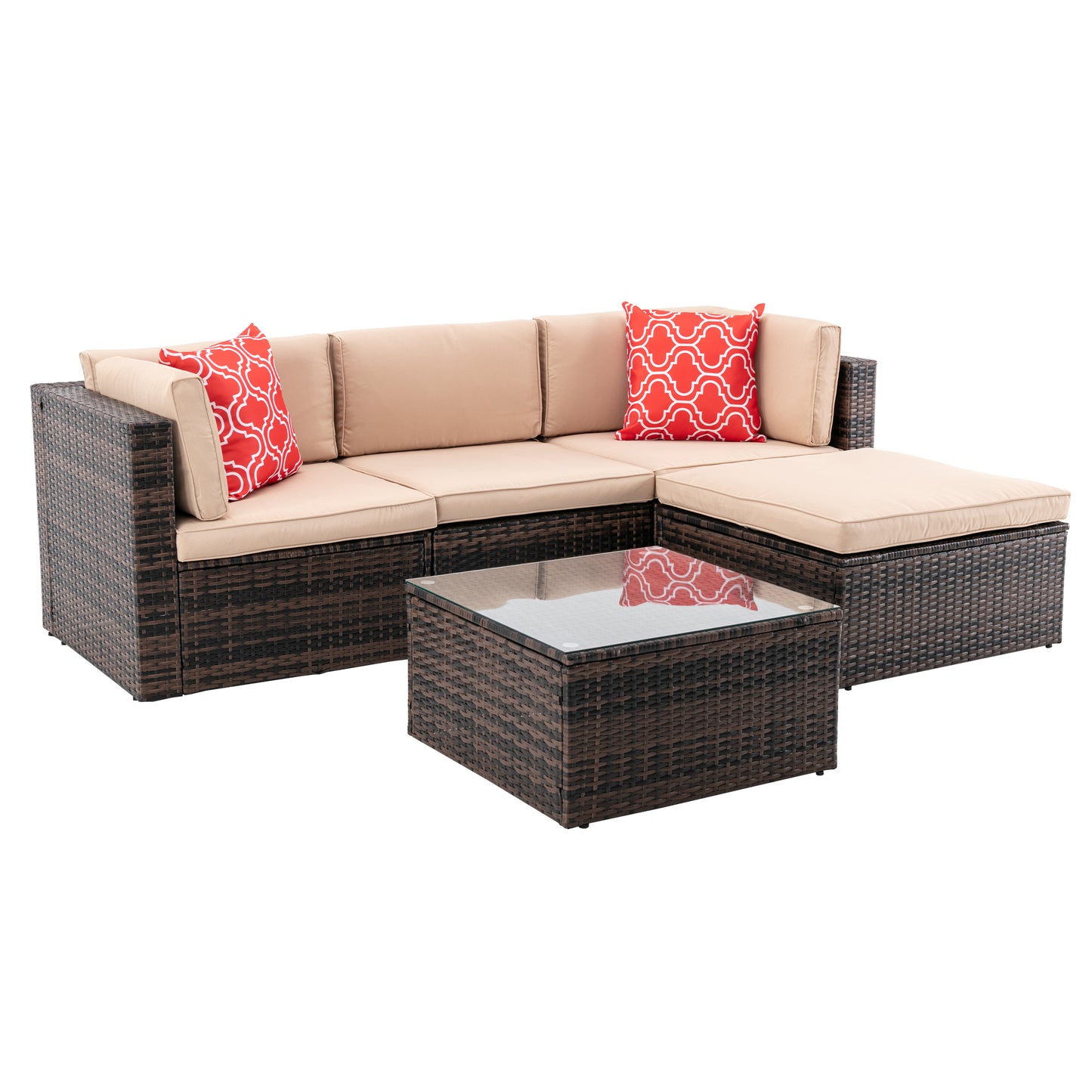 5Pcs Outdoor Garden Patio Furniture  PE Rattan Wicker  Sectional Cushioned Sofa Sets with 2 Pillows and Coffee Table