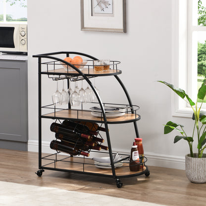 Black Industrial Mobile Bar Cart Serving Wine Cart with Wheels, 3-tier Metal Frame Elegant Wine Rack for Kitchen, Party, Dining Room and Living Room