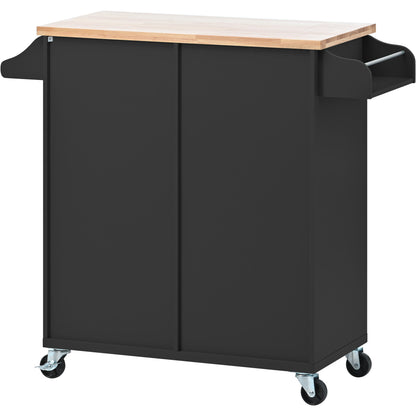 K&K Store Kitchen Cart with Spice Rack ,Towel Rack & Two Drawers,Rubber wood top,Kitchen Island with 4 Wheels for Dining Rooms Kitchens Living Rooms, Black