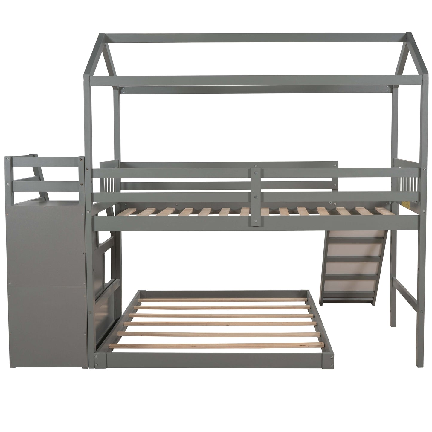 Twin over Full House Bunk Bed with Convertible Slide and Storage Staircase,Full-Length Guardrail,Gray