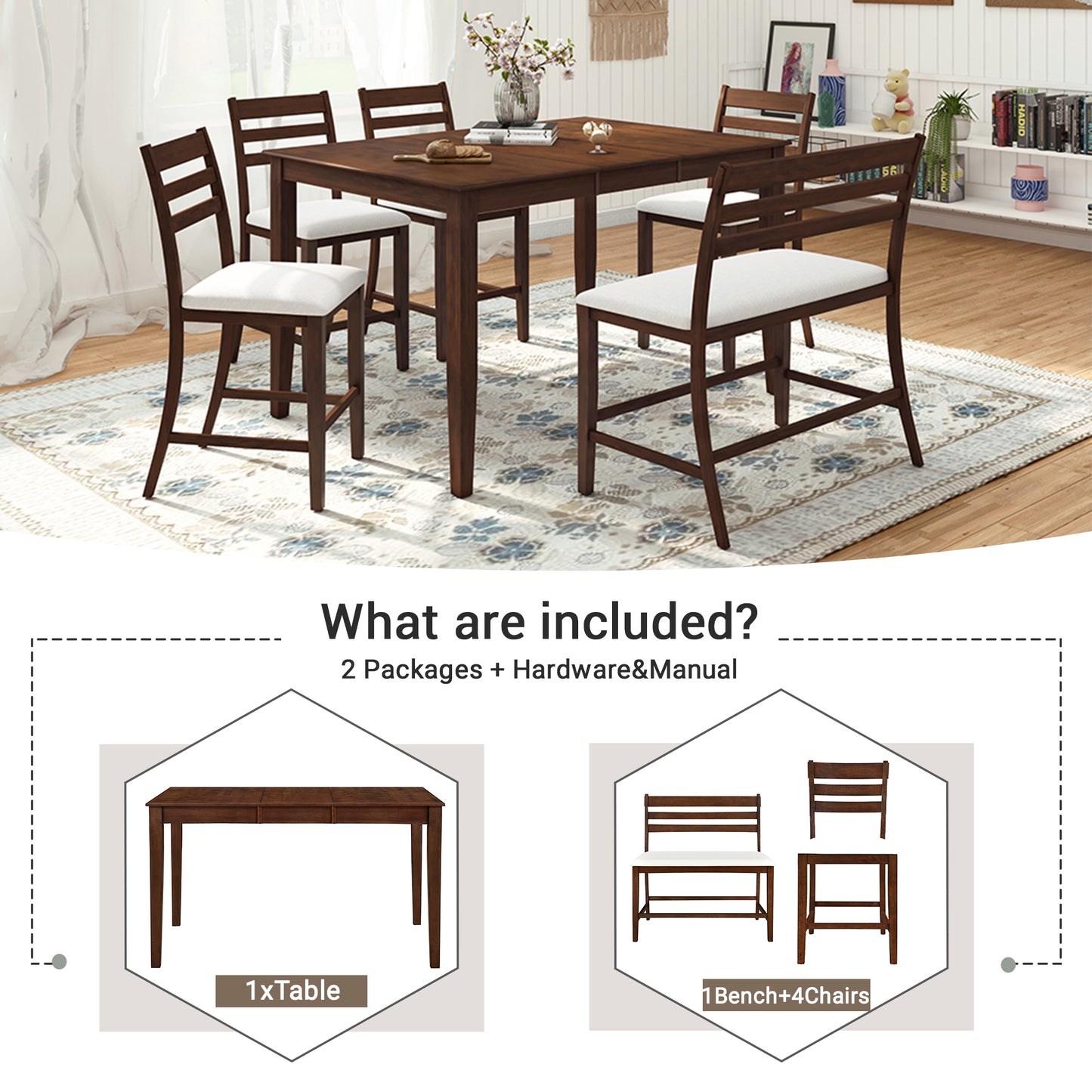 TOPMAX Farmhouse Extendable Counter Height 6-Piece Dining Table Set with Removable Leaf, 4 Dining Chairs and Dining Bench with Back, Brown Walnut+Beige