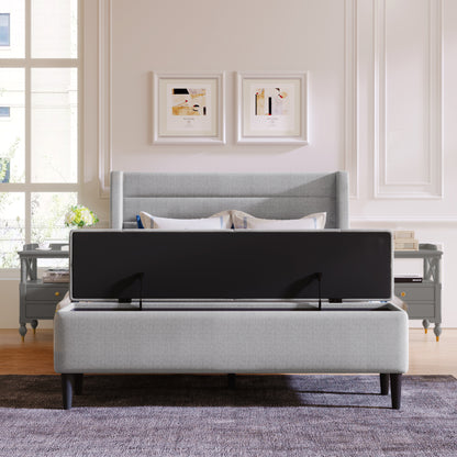 Upholstered Storage Bed Frame with Storage Ottoman Bench, No Box Spring Needed, Queen, Gray